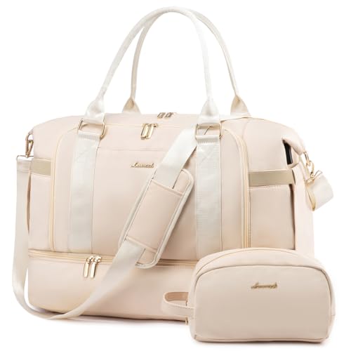 LOVEVOOK Sporttasche Reisetasche Damen, Weekender Travel Bag mit Kulturtasche, Schuhfach & Nassfach, Wasserdicht Overnight Bag Kliniktasche Geburt, Handgepäck Tasche für Gym Reisen Flugzeug, Beige von LOVEVOOK