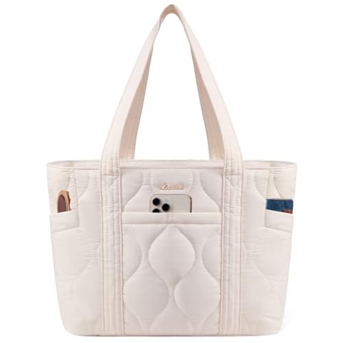 LOVEVOOK Handtasche Damen Mittelgroß Laptoptasche 15.6 Zoll Shopper Tasche Puffer Tote Bag Women Arbeitstasche Aktentasche Lehrertasche Bürotasche Einkaufstasche für Uni Business Reisen, Beige von LOVEVOOK