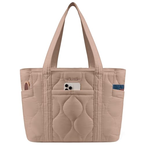 LOVEVOOK Shopper Tasche Damen Groß 15.6 Zoll Laptop Handtasche Elegante Puffer Tote Bag Women Arbeitstasche Aktentasche Lehrertasche Bürotasche Einkaufstasche für Uni Business Reisen, Khaki von LOVEVOOK