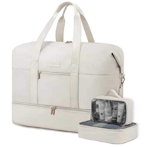 LOVEVOOK Weekender Reisetasche Damen, Sporttasche Handgepäck Tasche 45x36x20, Groß Kliniktasche Eeburt, Travel Bag Duffle Bag mit Kulturtasche Schuhfach für Flugzeug Reisen, Beige von LOVEVOOK