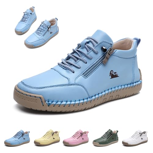 Damen Handgefertigt Weiches Leder Hohe Stiefel Outdoor Beck Schuhe Wasserdicht Rutschfest Allwetter Ultra-bequemer Barfußschuhe Reißverschluss Retro Wanderschuhe Orthopädische Sneakers(Blau,41 EU) von LOVEWLVNCL