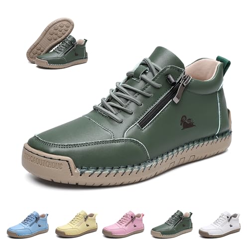 Damen Handgefertigt Weiches Leder Hohe Stiefel Outdoor Beck Schuhe Wasserdicht Rutschfest Allwetter Ultra-bequemer Barfußschuhe Reißverschluss Retro Wanderschuhe Orthopädische Sneakers(Grün,39 EU) von LOVEWLVNCL