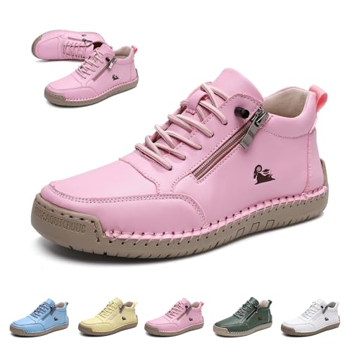 Damen Handgefertigt Weiches Leder Hohe Stiefel Outdoor Beck Schuhe Wasserdicht Rutschfest Allwetter Ultra-bequemer Barfußschuhe Reißverschluss Retro Wanderschuhe Orthopädische Sneakers(Pink,44 EU) von LOVEWLVNCL