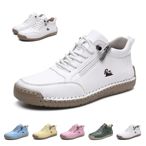 Damen Handgefertigt Weiches Leder Hohe Stiefel Outdoor Beck Schuhe Wasserdicht Rutschfest Allwetter Ultra-bequemer Barfußschuhe Reißverschluss Retro Wanderschuhe Orthopädische Sneakers(Weiß,36 EU) von LOVEWLVNCL