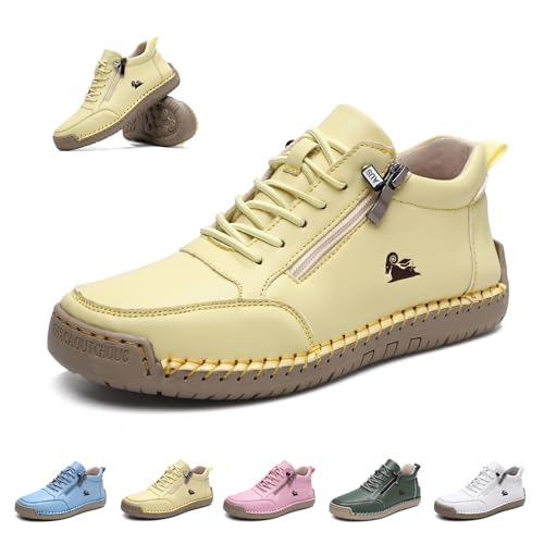 Damen Handgefertigt Weiches Leder Hohe Stiefel Outdoor Beck Schuhe Wasserdicht Rutschfest Allwetter Ultra-bequemer Barfußschuhe Reißverschluss Retro Wanderschuhe Orthopädische Sneakers(Yellow,36 EU) von LOVEWLVNCL