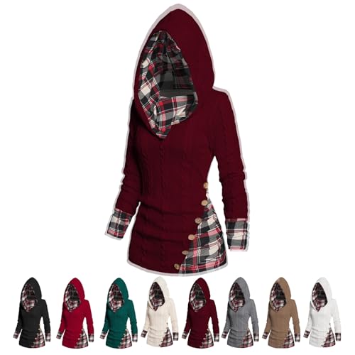 LOVEWLVNCL Damen-Kapuzenpullover mit Karomuster, Spleißknopf-Dekor, Kabel-Hoodie, Streifen-Spleißknopf-Dekor-Hoodie, Karierter, lässiger Langarm-Hoodie (Color : Dark red, Size : L) von LOVEWLVNCL