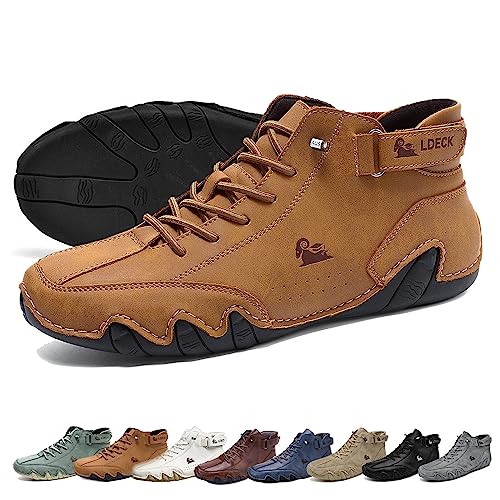 LOVEWLVNCL Handgefertigte Wildleder Klettverschluss Hohe Stiefel, Wasserdicht Rutschfeste Atmungsaktive Leichtes Gewicht Barfuß Schuhe Herre, Ganzjahres High Top Stiefel (Color : Braun, Size : 40 EU) von LOVEWLVNCL