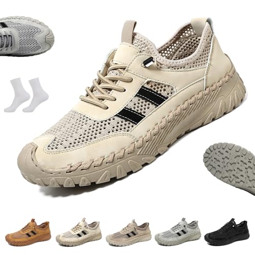 LOVEWLVNCL Orthopädische Slip-On-Wanderschuhe for Herren im Freien, Bequeme, rutschfeste Freizeit-Sneaker mit Fußgewölbeunterstützung, atmungsaktives Mesh Barfuß-Sneaker(Beige,41 EU) von LOVEWLVNCL