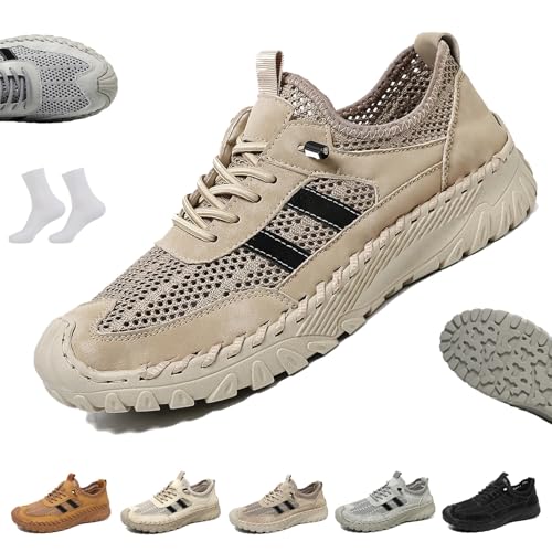 LOVEWLVNCL Orthopädische Slip-On-Wanderschuhe for Herren im Freien, Bequeme, rutschfeste Freizeit-Sneaker mit Fußgewölbeunterstützung, atmungsaktives Mesh Barfuß-Sneaker(Khaki,46 EU) von LOVEWLVNCL