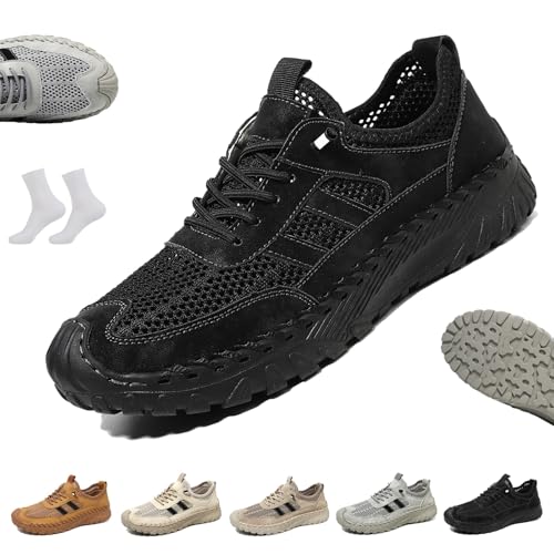 LOVEWLVNCL Orthopädische Slip-On-Wanderschuhe for Herren im Freien, Bequeme, rutschfeste Freizeit-Sneaker mit Fußgewölbeunterstützung, atmungsaktives Mesh Barfuß-Sneaker(Schwarz,46 EU) von LOVEWLVNCL