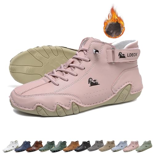 Unisex handgefertigte hohe Stiefel aus weichem Leder, Beck Schuhe wasserdicht, Rutschfest Leicht Atmungsaktiv Chukka-Stiefel Lässige Sneakers zum Fahren und Wandern Barfußschuhe(Color:Pink+Velvet,Size von LOVEWLVNCL