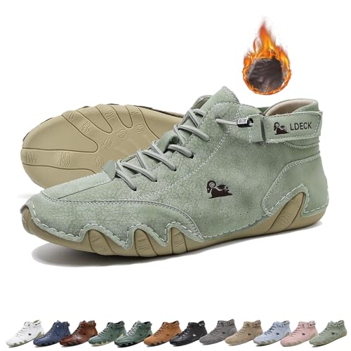 Unisex handgefertigte hohe Stiefel aus weichem Leder, Beck Schuhe wasserdicht, Rutschfest Leicht Atmungsaktiv Chukka-Stiefel Lässige Sneakers zum Fahren und Wandern Barfußschuhe(Color:Light green+Velv von LOVEWLVNCL