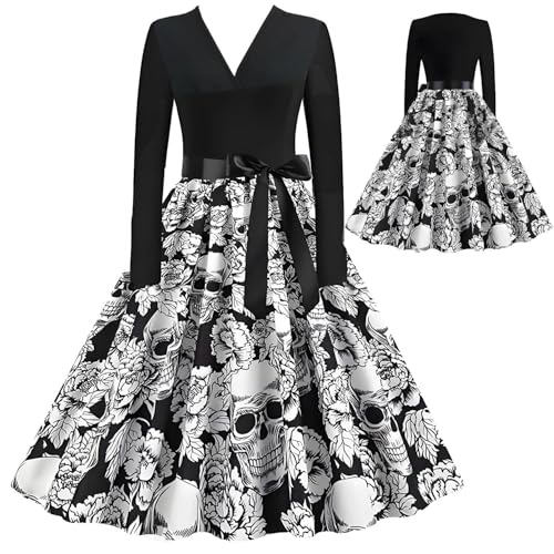 Halloween Kleid Damen,Halloween Kostüm Damen Totenkopf,V-Ausschnitt Langärmiges mit Totenkopf und Rosenmuster,Gothic Kleidung mit Seidenband Schwarz,Kleid Herbst für Partykleid,Tag Der Toten-XL Halloween Kleid Damen,Halloween Kostüm Damen Totenkopf,V-Ausschnitt Langärmiges mit Totenkopf und Rosenmuster,Gothic Kleidung mit Seidenband Schwarz,Kleid Herbst für Partykleid,Tag Der Toten-XL von LOVEXIU