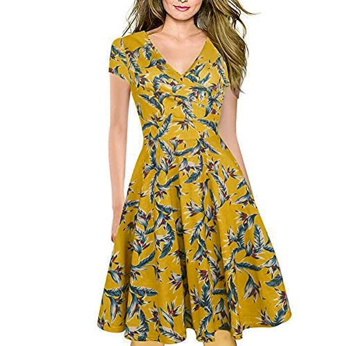 Kleid Elegant Damen Sommer, Vintage Blumen Kleid Gelb, Sexy Kleid V-Ausschnitt, Knielang und Ausgestelltem Rock Unterteil(XL) von LOVEXIU