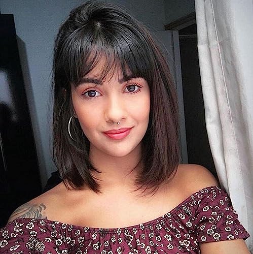 Human Hair Wigs for Black Woman Straight Bob Wig 10 Zoll Kurze Bob Perücke Keine Lace Front Echthaarperücke Natürliche Schwarze Seide und Weiche Gerade Bob Perücke von LOVFIR