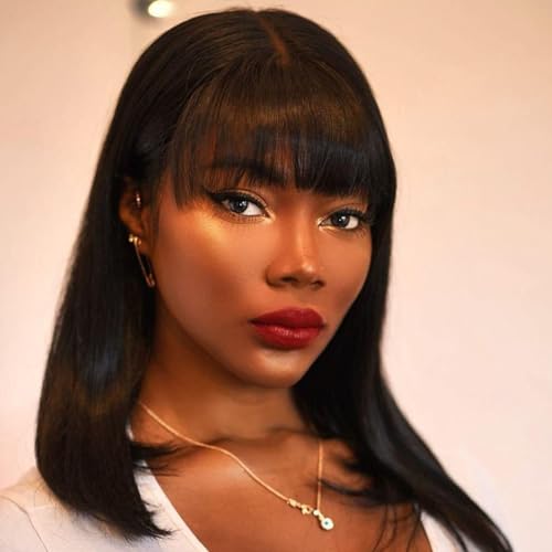 Human Hair Wigs for Black Woman Straight Bob Wig 12 Zoll Kurze Bob Perücke Keine Lace Front Echthaarperücke Natürliche Schwarze Seide und Weiche Gerade Bob Perücke von LOVFIR