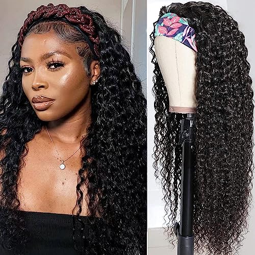 LOVFIR Echthaar Perücke Locken Headband Wigs Human Hair Curly Human Hair Wigs for Black Woman Curly Wig Human Hair Headband Wigs for Woman 150% Density Natural Black Color Soft and Full 20 inch von LOVFIR