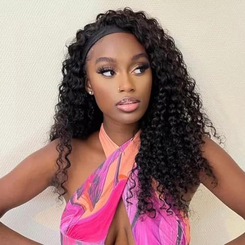 LOVFIR Echthaar Perücke Locken Headband Wigs Human Hair Curly Wigs für Black Woman 150% Dichte Natürliches Schwarz Haar 24 inch von LOVFIR