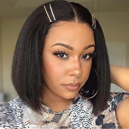 LOVFIR Wear and Go Glueless Wigs Human Hair Kinky Straight Lace Closure Wigs Human Hair 4X4 HD Lace Closure Wigs for Women Human Hair 150% Density Natural Black Color 16 Inch Echthaar Perücke von LOVFIR