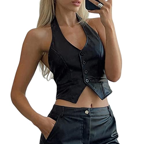 Damen Sexy Neckholder PU Leder Weste Button Down Camisole Kurz Crop Tops 90er Jahre Casual Weste Crop Tops Streetwear, Schwarz , Large von LOVHOT