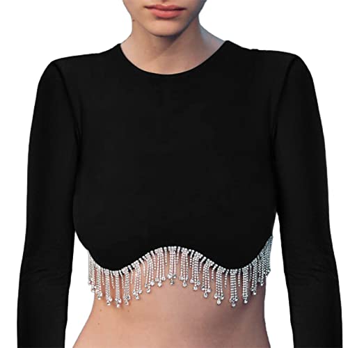 Damen Strass Quaste Crop Top Langarm Rundhals Diamant Fransen Rippstrick Weste Rhine Trim Cropped Cami Weste, Schwarz , M von LOVHOT