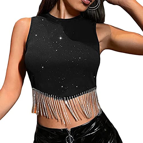 Frauen Strass Quaste Crop Top Langarm Rundhalsausschnitt Diamant Fransen Rippstrick Weste Rheinbesatz Cropped Cami Weste, schwarz 2, M von LOVHOT