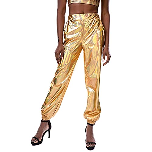 LOVHOT Damen High Waist Metallic Jogger Glänzend Lose Hip-Hop Hose Hologramm Laser Jogginghose Streetwear, gold, M von LOVHOT