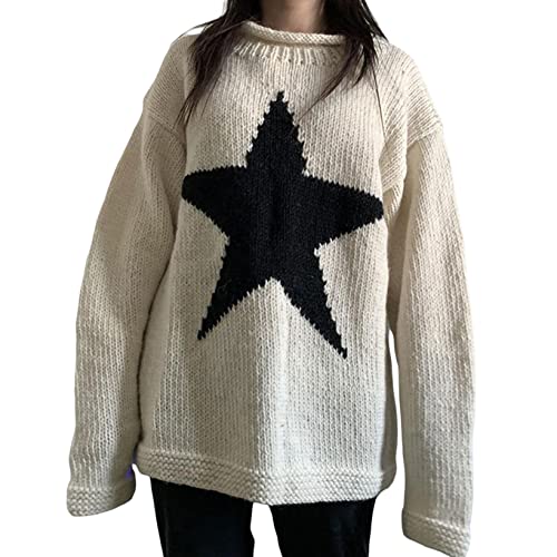 LOVHOT Damen Y2k Grunge Star Print Pullover Langarm Rundhals Oversized Knit Sweatshirt Vintage Knit Pullover Streetwear, weiß, M von LOVHOT