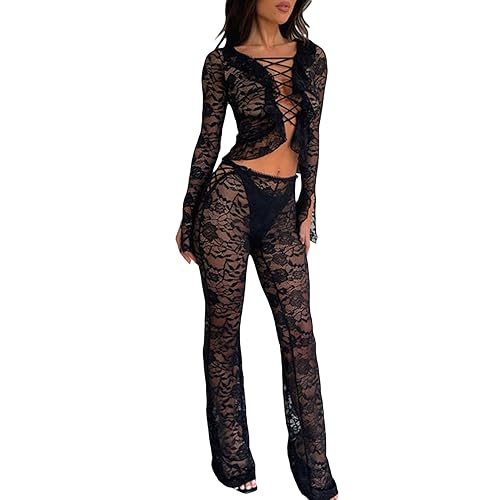 LOVHOT Damen Y2k Sexy Spitze 2-teiliges Hosen-Set durchsichtig bauchfreies Top durchscheinende florale Spitze lange Schlaghose durchscheinend passendes Outfit (schwarz, XL), Schwarz , 46 von LOVHOT