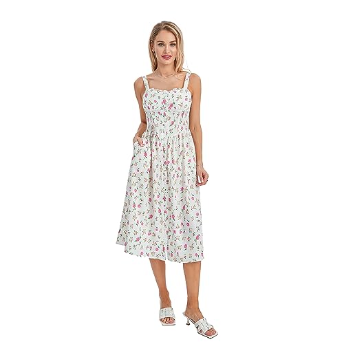 Damen Boho Floral Maxikleid Vintage Spaghettiträger Rückenfreies Korsett Swing Midi Kleid Y2k Cottagecore Sommerkleid, weiß, Medium von LOVHOT