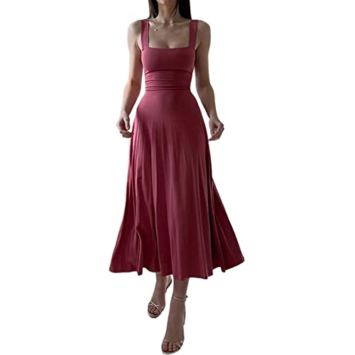 LOVHOT Y2k Damen Midi-Kleid mit Spaghetti-Trägern, sexy, niedrig geschnitten, gerüschte Brust, Korsett, lange Kleider, fließende A-Linie, geteiltes Midi-Sommerkleid, Rot 3, L von LOVHOT