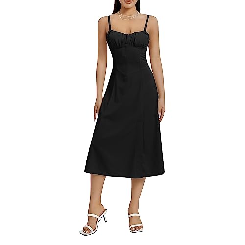 LOVHOT Y2k Damen Midi-Kleid mit Spaghetti-Trägern, sexy, niedrig geschnitten, gerüschte Brust, Korsett, lange Kleider, fließende A-Linie, geteiltes Midi-Sommerkleid, Schwarz , Small von LOVHOT