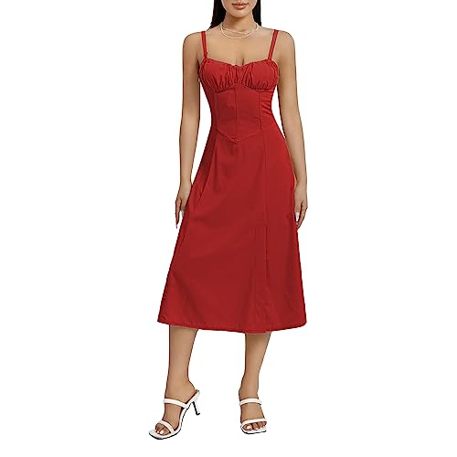 LOVHOT Y2k Damen Midi-Kleid mit Spaghetti-Trägern, sexy, niedrig geschnitten, gerüschte Brust, Korsett, lange Kleider, fließende A-Linie, geteiltes Midi-Sommerkleid, rot, L von LOVHOT