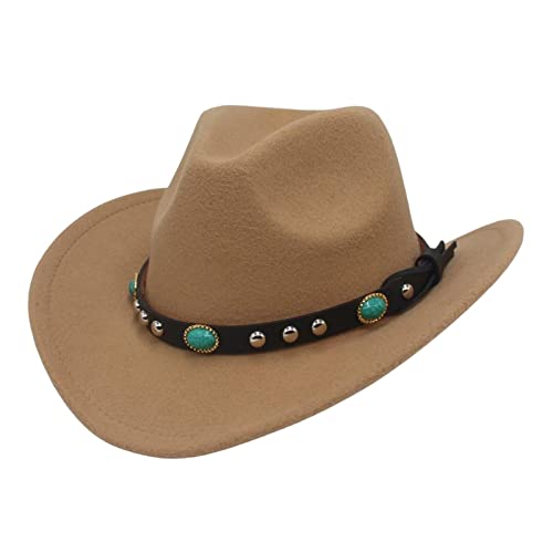 LOVIVER Damen und Herren Filz Western Cowboy Hut Breite Krempe Sonnenhut Jazz Zylinder mit Gürtelschnalle Panama Cowgirl Hut für Wandern Camping Urlaub Herbst, Brown von LOVIVER