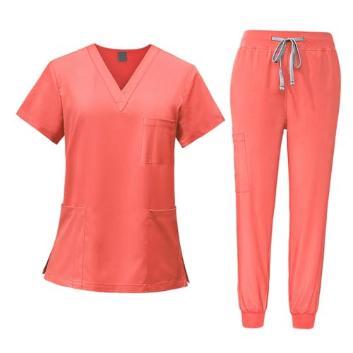 LOVIVER Frauen Uniform Scrubs Set Krankenschwester Top Hosen Female Scrub Set Kleidung Arbeitskleidung, Orange Rot, m von LOVIVER
