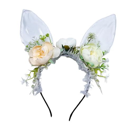 LOVIVER Osterhasen-Ohren-Stirnband, Kostümzubehör, Blumen-Haarband, niedlicher Kopfschmuck, Kopfbedeckung, Haarreifen für Hochzeit, Cosplay, Geburtstag, Weiß von LOVIVER