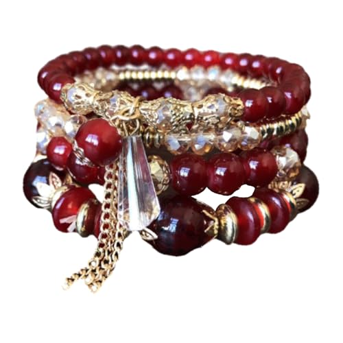 LOVIVER Perlenarmbänder, mehrschichtiges Perlenarmband, Charm, stapelbar, Damen, böhmisches Armband, Statement-Armbänder für den Alltag und Geburtstag, Rot von LOVIVER