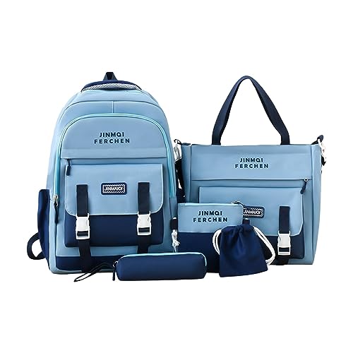 LOVIVER Rucksack Set, 5 Teilig, ästhetische Schultaschen, Niedliches Rucksack Set mit Umhängetasche, Bleistiftbeutel, Handtasche, Geldbörse, Blau von LOVIVER