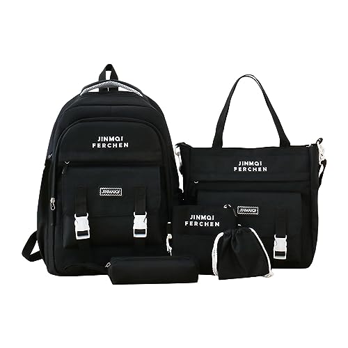 LOVIVER Rucksack Set, 5 Teilig, ästhetische Schultaschen, Niedliches Rucksack Set mit Umhängetasche, Bleistiftbeutel, Handtasche, Geldbörse, Schwarz von LOVIVER