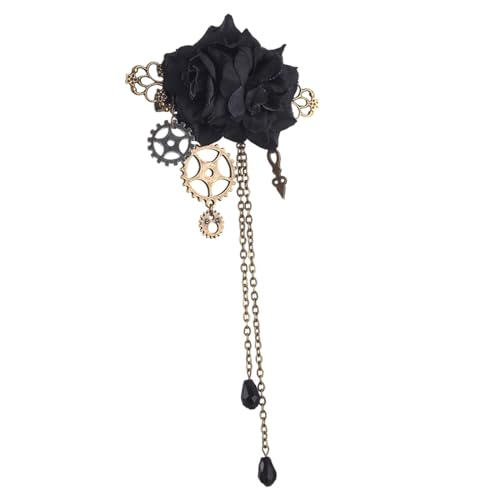 LOVIVER Steampunk-Brosche mit Quasten, Kette, Rosenblüten-Haarspange, Brosche, Anstecknadel, Anstecknadel für Damen, für Mantel, Abschlussball, Schwarz von LOVIVER