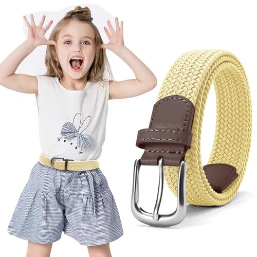 Kinder Gürtel Elastisch Elastischer Jungen Mädchen Ohne Schnalle 1 Stück, Stretch Gürtel Unisex Flechtgürtel Stretch Stoffgürtel Easy Clasp für Hosen Jeans (Khaki, 85cm Fit Taillengröße 61-70cm) von LOVMEAD