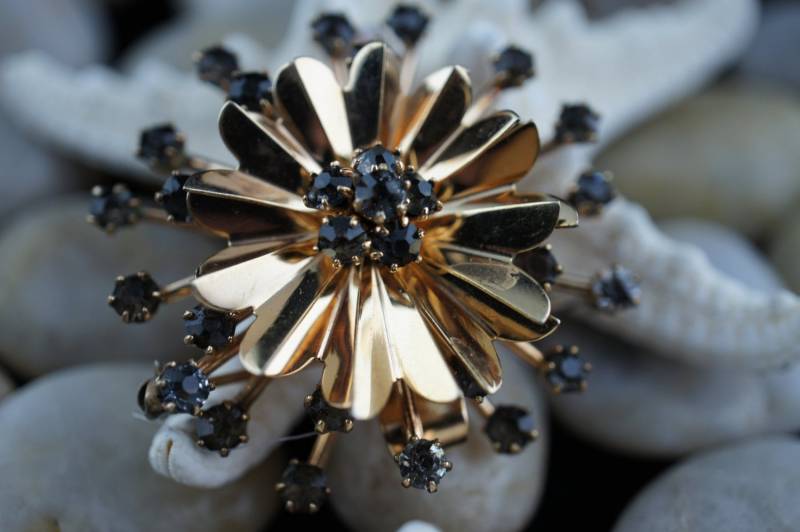 1/20 12K Art Deco Schmuck Blumen Brosche Rund Pin Anhänger Zwei in Einem Gelbgold Blau-Braun Strasssteine Gold Filled U010 von LOVNTG