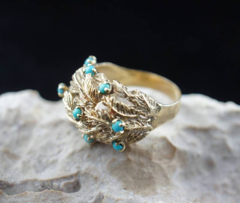 14K Solid Gold Gelbgold Ring Türkis Blätter Gehämmert Breit Schmuck Cocktail Sammlerstücke Größe 9 von LOVNTG