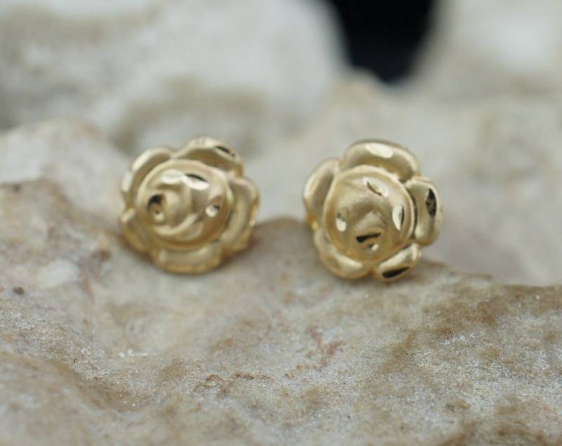 14K Solid Gold Ohrstecker Gelbe Blume Rose Diamantschliff Design Ohrringe Erwachsene Kind Baby Tiny L2 von LOVNTG