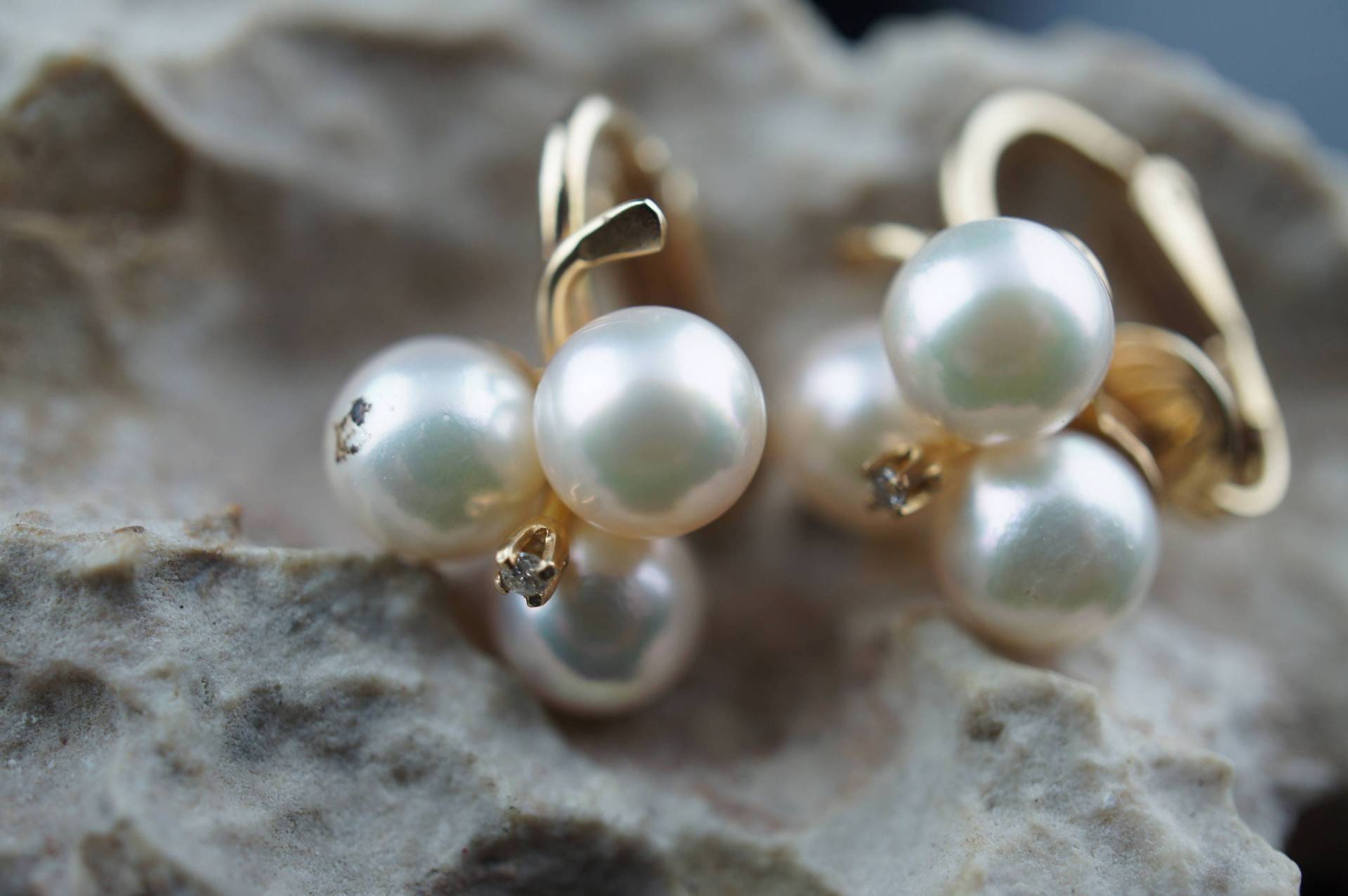 14K Vintage Gold Clip Ohrringe Massiv Gold Mutter Perlen Diamant Art Deco Schmuck Geschenk Modernist K von LOVNTG