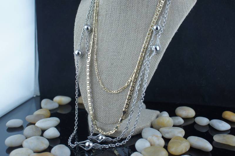 3Er Set Ketten Halsketten Vintage Art Deco Schmuck Silber Gold Ton Kette Ring in Anker Figaro Design Sa122 von LOVNTG