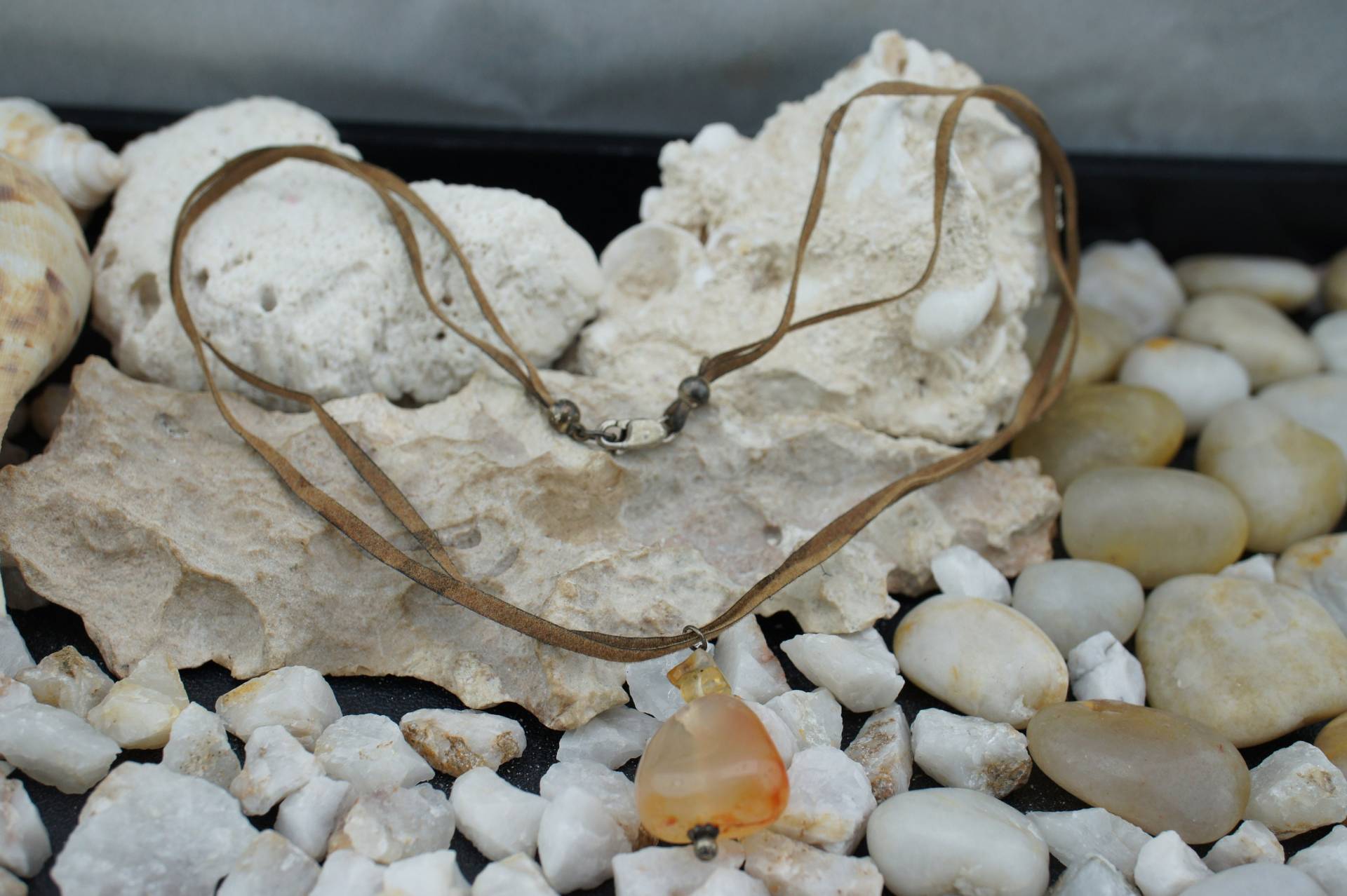 925 Leder Geflecht Vintage Art Deco Halsband Halskette Kette Stoff Anhänger Stein Rutilated Quartz Modernist St654 von LOVNTG