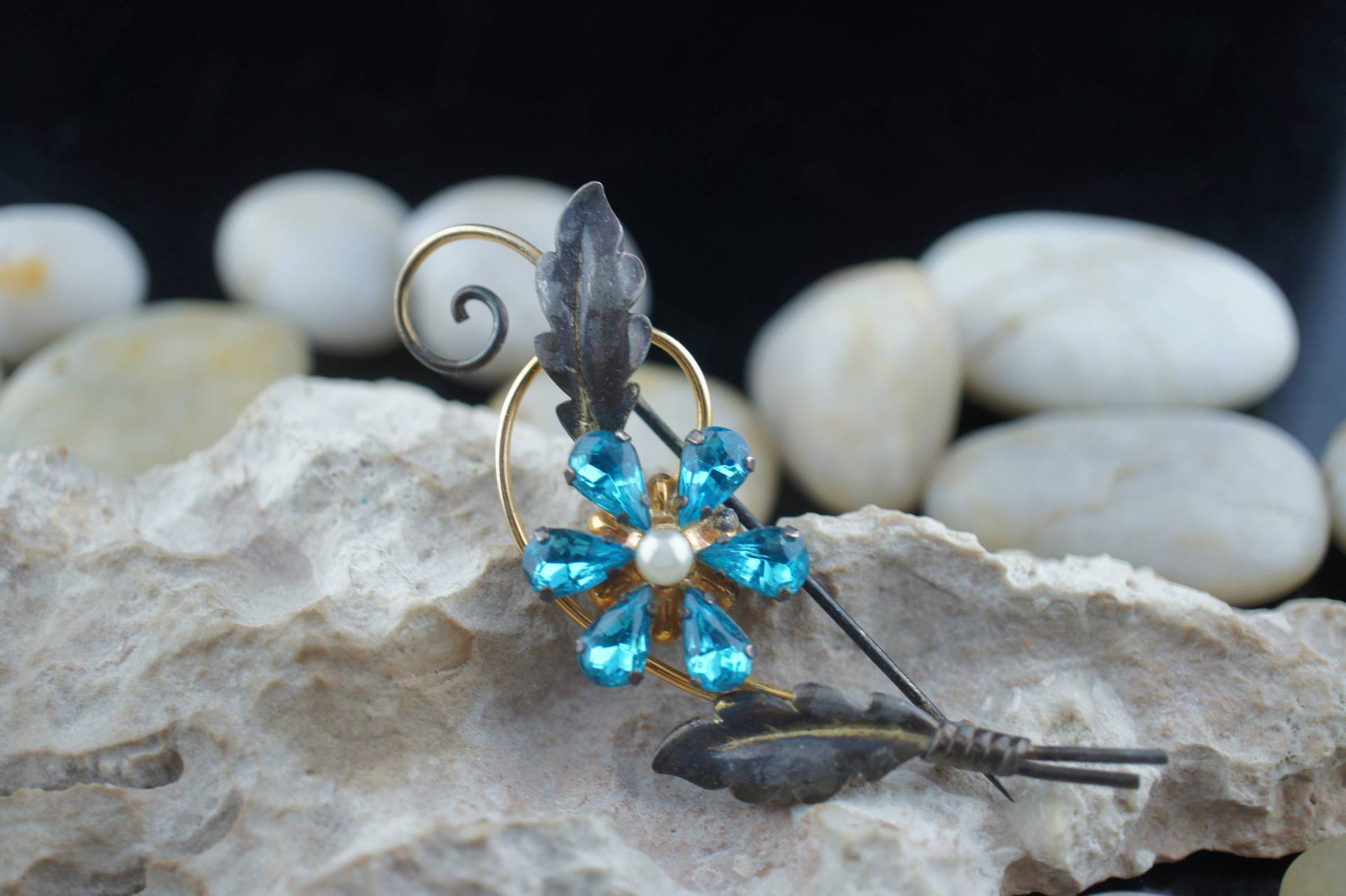 925 Sterling Silber 1/20 12 K G. Van Dell Schmuck Vintage Blumenstrauß Blätter Cz Strass Türkis Brosche Art Deco St259 von LOVNTG