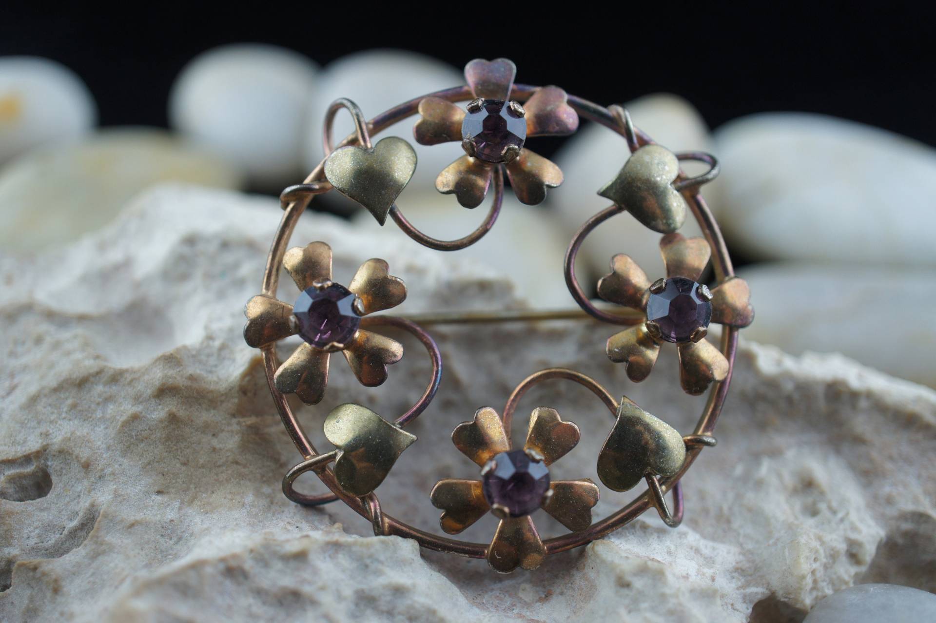 925 Sterling Silber 1/20 12K G.f H&g Schmuck Vintage Blume Kranz Blätter Cz Strass Lila Pin Brosche Art Deco St260 von LOVNTG