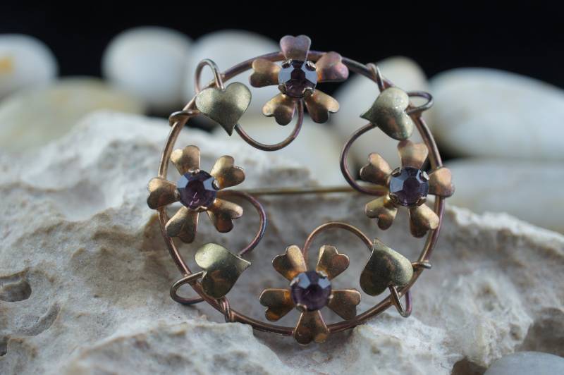 925 Sterling Silber 1/20 12K G.f H&g Schmuck Vintage Blume Kranz Blätter Cz Strass Lila Pin Brosche Art Deco St260 von LOVNTG